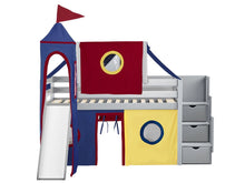 Load image into Gallery viewer, JACKPOT! Castle Twin Low Loft Stairway Bed in GRAY, Red Yellow &amp; Blue Tent with Slide
