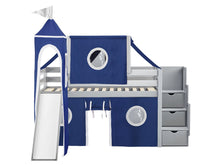 Load image into Gallery viewer, JACKPOT! Castle Twin Low Loft Stairway Bed in GRAY, Blue &amp; White Tent with Slide
