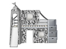 Load image into Gallery viewer, JACKPOT! Castle Twin Low Loft Stairway Bed in GRAY, Gray Camo Tent with Slide
