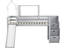Load image into Gallery viewer, JACKPOT! Princess Twin Low Loft Stairway Bed in GRAY, Pink Camo Tent with Slide
