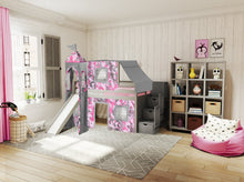 Load image into Gallery viewer, JACKPOT! Princess Twin Low Loft Stairway Bed in GRAY, Pink Camo Tent with Slide
