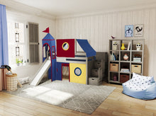 Load image into Gallery viewer, JACKPOT! Castle Twin Low Loft Stairway Bed in GRAY, Red Yellow &amp; Blue Tent with Slide

