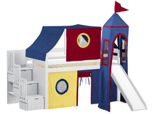 Load image into Gallery viewer, JACKPOT! Castle Twin Low Loft Stairway Bed in WHITE , Red Yellow &amp; Blue Tent with Slide
