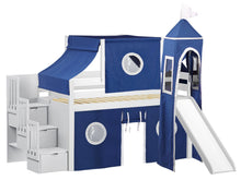 Load image into Gallery viewer, JACKPOT! Castle Twin Low Loft Stairway Bed in WHITE, Blue &amp; White Tent with Slide

