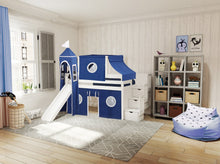 Load image into Gallery viewer, JACKPOT! Castle Twin Low Loft Stairway Bed in WHITE, Blue &amp; White Tent with Slide
