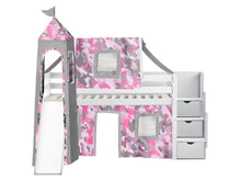 Load image into Gallery viewer, JACKPOT! Princess Twin Low Loft Stairway Bed in WHITE, Pink Camo Tent with Slide

