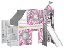 Load image into Gallery viewer, JACKPOT! Princess Twin Low Loft Stairway Bed in WHITE, Pink Camo Tent with Slide
