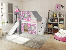 Load image into Gallery viewer, JACKPOT! Princess Twin Low Loft Stairway Bed in WHITE, Pink Camo Tent with Slide
