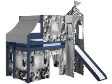 Load image into Gallery viewer, JACKPOT! Castle Twin Low Loft Bed in BLUE with Slide, Gray Camo Tent

