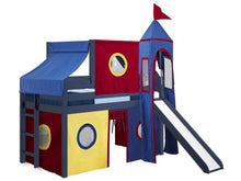 Load image into Gallery viewer, JACKPOT! Castle Twin Low Loft Bed in BLUE with Slide, Red Yellow &amp; Blue Tent
