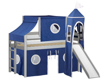 Load image into Gallery viewer, JACKPOT! Castle Twin Low Loft Bed in GRAY with Slide, Blue &amp; White Tent
