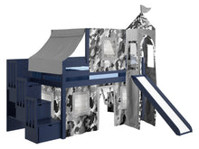 Load image into Gallery viewer, JACKPOT! Castle Twin Low Loft Stairway Bed in BLUE, Gray Camo Tent with Slide
