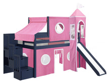 Load image into Gallery viewer, JACKPOT! Princess Twin Low Loft Stairway Bed in BLUE, Pink &amp; White Tent with Slide
