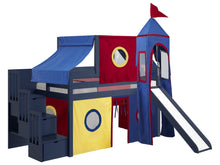 Load image into Gallery viewer, JACKPOT! Castle Twin Low Loft Stairway Bed in BLUE, Red Yellow &amp; Blue Tent with Slide
